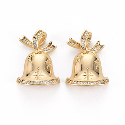 Настоящее золото 18K Соединители звеньев из латуни с микропаве, прозрачные кубические циркония, с петлей, без никеля , на Рождество, колокол, реальный 18 k позолоченный, 21x13.5x5 мм, отверстия : 1 mm и 3x2 мм