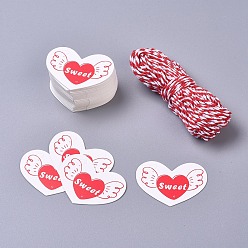 White Paper Gift Tags, Hange Tags, For Arts and Crafts, with Cotton Cords, for Valentine's Day, Heart with Word Sweet, White & Red, 40x45x0.5mm, 50pcs/set