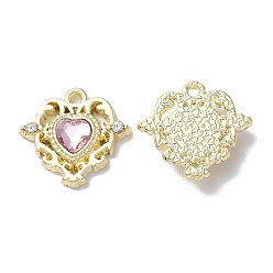 Pink Eco-Friendly Alloy Pendants, with Glass, Heart, Pink, 16x17x4mm, Hole: 1.5mm