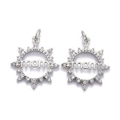 Платинированный Латунные микропаве прозрачные подвески с фианитом, с прыжковых колец, долговечный, день матери, солнце со словом мама, Реальная платина, 21x19x2 мм