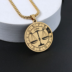 Весы Плоские круглые с созвездием 201 ожерелья из нержавеющей стали с подвеской, золотые, Весы, 23.62 дюйм (60 см)