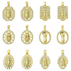 Golden 12Pcs 6 Styles Brass with Cubic Zirconia Pendants, Mixed Shapes, Golden, 22~25.5x14~19x2~3mm, Hole: 2.5~3.5x4~5mm, 2pcs/style