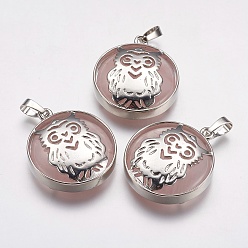Rose Quartz Natural Rose Quartz Pendants, with Platinum Tone Brass Findings, Flat Round with Owl, 31.5x27x6mm, Hole: 5x8mm