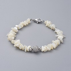 Platinum Natural Spiral Shell Chip Beaded Bracelets, with Brass Micro Pave Cubic Zirconia Beads, Brass Round Beads, 304 Stainless Steel Clasps Lobster Claw and Cardboard Packing Box, Platinum, 7-5/8 inch~7-7/8 inch(19.5~20cm)