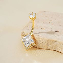 Золотой Кольца для пупка из геометрической латуни с прозрачным кубическим цирконием в форме ромба и изогнутой штангой для женщин в подарок, золотые, 30x12 мм