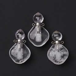 Quartz Crystal Natural Quartz Crystal Perfume Bottle Pendants, with Platinum Brass Findings, Rhombus, 35mm, Hole: 1.6mm
