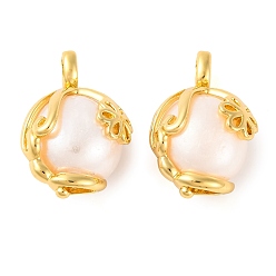 Настоящее золото 18K Подвески из латуни и натурального жемчуга с покрытием стойки, круглый с цветочными подвесками, долговечный, реальный 18 k позолоченный, 22x14x12 мм, отверстие : 3.5x2.5 мм