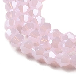 Pink Imitation Jade Electroplate Glass Beads Strands, Pearl Luster Plated, Faceted, Bicone, Pink, 4x4mm, Hole: 0.8mm, about 87~98pcs/strand, 12.76~14.61 inch(32.4~37.1cm)