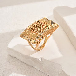 Прозрачный Латунные микропаве кубические цирконии геометрические регулируемые кольца для женщин, прямоугольные, золотые, прозрачные, 35x19 мм, внутренний диаметр: регулируемый