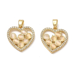 White Brass Micro Pave Clear Cubic Zirconia & Cat Eye Pendants, Heart Charms, Cadmium Free & Lead Free, Golden, White, 18x17x3mm, Hole: 5x3mm