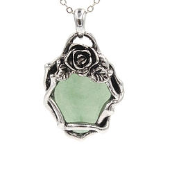 Зеленый Авантюрин Ретро подвески из натурального зеленого авантюрина, с латунной фурнитурой античного бронзового тона, овальные с цветком, 40x30x10 мм