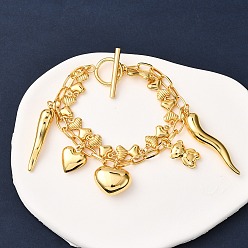 Золотой 304 браслеты из нержавеющей стали с цепочкой-бантом из нескольких рядов, браслеты с подвесками в виде сердца, медведя и острого перца для женщин, золотые, 7-3/4 дюйм (19.7 см)