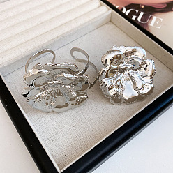 Argent Ensemble bracelet et bague à manchette ouverte en fer pour femme, fleur, argenterie, diamètre intérieur: 60 mm