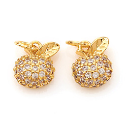 Real 18K Gold Plated Brass Micro Pave Cubic Zirconia Charms, with Jump Rings, Apple, Clear, Real 18K Gold Plated, 8x6.5x3mm, Jump Ring: 4x0.6mm, Hole: 2.5mm