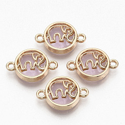 Pearl Pink Glass Links connectors, with Light Gold Plated Alloy Findings, Flat Round with Elephant, Pearl Pink, 13.5x19.5x5.5mm, Hole: 1.6mm