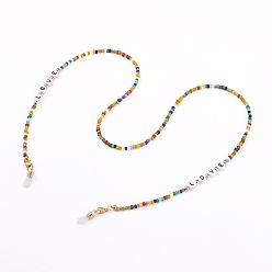 Colorful Eyeglasses Chains, Neck Strap for Eyeglasses, with Glass Seed Beads, Acrylic Letter Beads and Rubber Loop Ends, Word Love, Golden, Colorful, 27.75 inch(70.5cm)