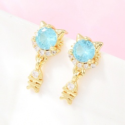 Небесно-голубой Латунь микро проложить кубический цирконий болтаться серьги стержня, форма кошки с рыбьей костью, долговечный, стойки покрытие, без свинца и без кадмия, реальный 18 k позолоченный, голубой, 19x9 мм