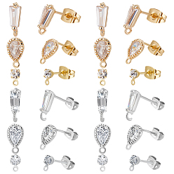 Mixed Color 36Pcs 6 Styles Brass Stud Earring Findings, with Diamond Cubic Zirconia and Horizontal Loops, with 36Pcs 2 Colors Rack Plating Brass Friction Ear Nuts, Mixed Color, 5.5~11.5x3~5.5mm, Hole: 0.8~1mm, Pin: 0.7~0.8mm
