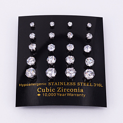 Stainless Steel Color 304 Stainless Steel Cubic Zirconia Stud Earrings, Stainless Steel Color, 3~7mm, Pin: 0.8mm, 10pairs/card