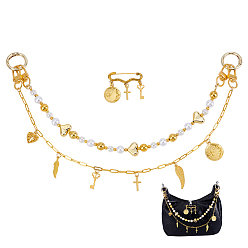 Oro 1 Cadena decorativa para bolso con borlas cruzadas de plumas de latón y cuentas redondas de acrílico y 1 Broche de aleación de PC, accesorios de reemplazo de bolsa, dorado, 38~400 mm