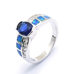 Platin Farbe Zirkonia Fingerringe, mit synthetischen Opal- und Messingbefunden, langlebig überzogen, ellipsenförmige, Größe 7, Blau, Platin Farbe, 17.5 mm