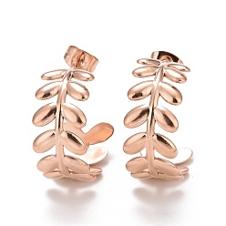 Розовое Золото Ионное покрытие (ip) 304 серьги-гвоздики из нержавеющей стали для женщин, лист, розовое золото , 20x23x10 мм, штифты : 0.7 мм