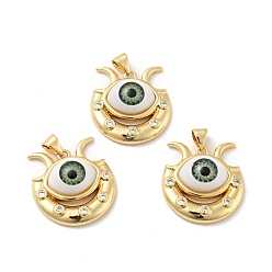 Желто-Зеленый Сглаз с луной латунные подвески из прозрачного кубического циркония с микропаве, с полимерным глазным яблоком, без кадмия, без никеля и без свинца, реальный 18 k позолоченный, желто-зеленый, 23x22x7 мм, отверстие : 3.6x4.3 мм