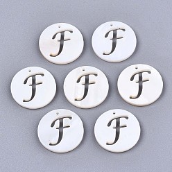 Letter F Natural Freshwater Shell Charms, Flat Round with Hollow Out Letter, Letter.F, 14.5x1.5mm, Hole: 0.9mm