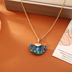 Deep Sky Blue Dyed Natural Paua Shell Fan Shaped PEndant Brass Rope Chain Necklaces for Women, Golden, Deep Sky Blue, 16.54 inch(42cm)