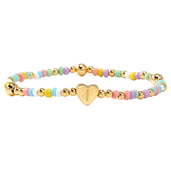 Letter I Summer Stainless Steel Heart Alphabet Colorful Glass Seed Beaded Stretch Bracelets for Women, Golden, Letter I, 6.89 inch(17.5cm)