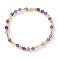 Аметист Эластичные браслеты для женщин из натурального аметиста и латунных бусин., круглые, золотые, 6.89 дюйм (17.5 см)