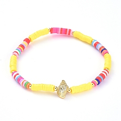 Yellow Handmade Polymer Clay Heishi Bead Stretch Bracelets, with Conch Shape Brass Clear Cubic Zirconia Beads and Round Brass Beads, Yellow, 2-1/4 inch(5.7cm)