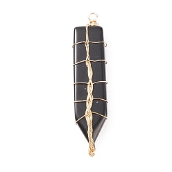 Obsidian Natural Obsidian Big Pendants, with Light Gold Tone Copper Wire Wrapped, Sword, 61~63x13.5~15x7.5~8mm, Hole: 3.5mm