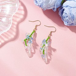 Светло-Голубой Серьги-подвески из стеклянных бусин ручной работы, с акриловой, золотые, ветка цветка лилии, Небесно-голубой, 62x14~20 мм