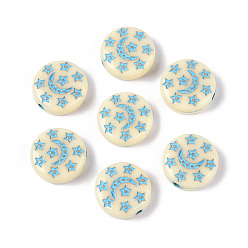 Светло-Голубой Окрашенные непрозрачные акриловые бусины, Плоский круглый с луной и звездой, Небесно-голубой, 12.5x4.3 мм, отверстие : 1.6 мм, Около 961 шт / 500 г