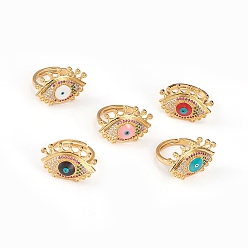 Mixed Color Adjustable Brass Cubic Zirconia Rings, with Enamel, Evil Eye, Mixed Color, Size 7, 17mm