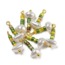 Dark Olive Green ABS Plastic Imitation Pearl Pendants, with Real 18K Gold Plated Brass Loops and Glass Seed Beads, Dark Olive Green, 18.5~19.5x8x5.5mm, Hole: 1.6mm