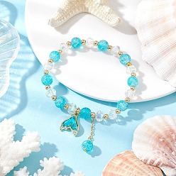 Голубой 4шт. латунные стеклянные бусины эластичные браслеты, браслеты с подвесками из сплава «рыбий хвост» для женщин, голубой, внутренний диаметр: 2-1/4 дюйм (5.7 см)