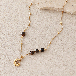Letter G European Faceted Natural Tiger Eye 304 Stainless Steel Alphabet Pendant Necklaces, Golden, Letter G, 18.90 inch(48cm)