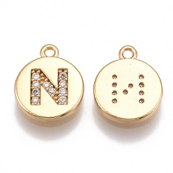 Letter N Brass Cubic Zirconia Charms, Flat Round with Letter, Nickel Free, Real 18K Gold Plated, Clear, Letter.N, 12x10x2mm, Hole: 1mm