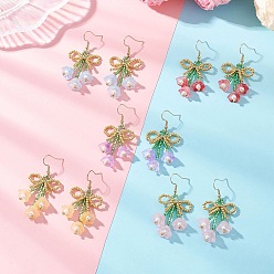 (52) Непрозрачная лаванда Серьги-подвески из стеклянных бусин ручной работы в виде цветка с бантом, с 304 нержавеющей стали серьги крючки, золотые, разноцветные, 52.5~54.5x26~27 мм