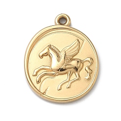 Золотой 304 подвески из нержавеющей стали, Плоская круглая форма с подвеской в виде пегаса., ионное покрытие (ip), долговечный, золотые, 23x18x3 мм, отверстие : 1.4 мм