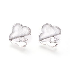 White Real 18K Gold Plated Brass Stud Earring Findings, with Loop, with Clear Cubic Zirconia, Enamel and Ear Nuts, Cloud, White, 14.5x14.5mm, Hole: 1mm, Pin: 0.7mm