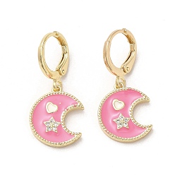 Pearl Pink Moon & Star Golden Brass Dangle Leverback Earrings, with Enamel and Cubic Zirconia, Pearl Pink, 28x13mm