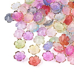 Mixed Color Plastic Bead Caps, 5-Petal Flower, Two Tone, Golden Metal Enlaced, Mixed Color, 10~11x10~11x4mm, Hole: 1.6mm, about 2140pcs/bag