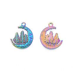 Rainbow Color Ion Plating(IP) 201 Stainless Steel Pendants, Moon with Tree, Rainbow Color, 23.5x20x2mm, Hole: 2mm