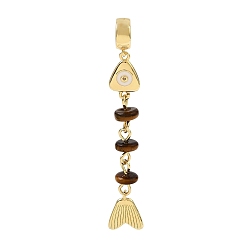 Tiger Eye Brass Pave Cubic Zirconia Clear Cubic Zirconia & Natural Tiger Eye & Enamel European Dangle Charms, Large Hole Charms, Fish, Rack Plating, Long-Lasting Plated, Cadmium Free & Lead Free, Real 18K Gold Plated, 54.5mm, Hole: 5.5mm
