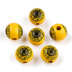 Gold Spray Painted Wood Beads, Printed Beads, Round, Gold, 15~16x14~15mm, Hole: 3~4mm