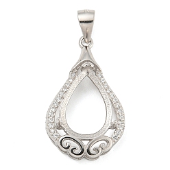 Real Platinum Plated 925 Sterling Silver Pendant Cabochon Settings, Prong Settings, with Cubic Zirconia, Rhinestone Claw Settings, Prong Settings, Teardrop, Real Platinum Plated, 25x14.5x6mm, Hole: 3x3.5mm, Tray: 11x7mm