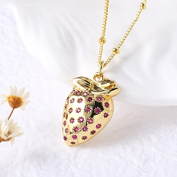 Клубника Латунные микропаве камелия кубический цирконий фрукты кулон ожерелья для женщин, реальный 18 k позолоченный, клубника, 17.72 дюйм (45 см)